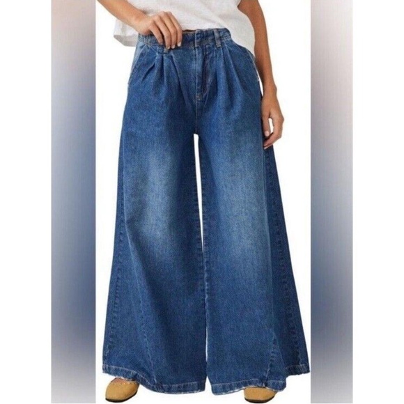 We The Free People Jeans 25 trendy Equinox Denim Trousers Wide Leg Stone Wash - Picture 1 of 8